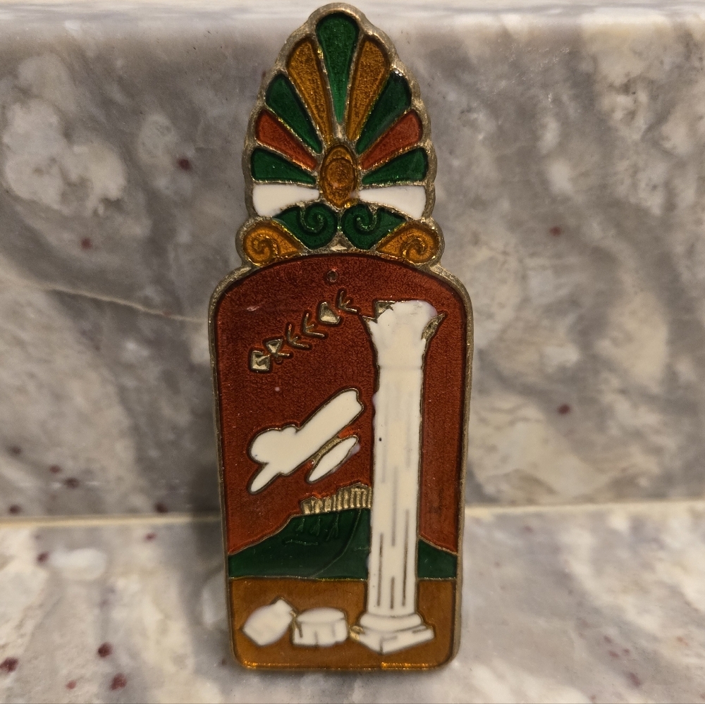 Vintage Greek Cloisonne Enamel Double Sided Brass Letter Holder Desk Clip Column